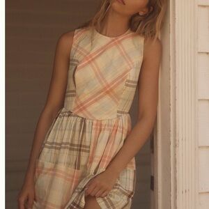 Anthropologie Plaid Sleeveless Dress in Cream and Peach